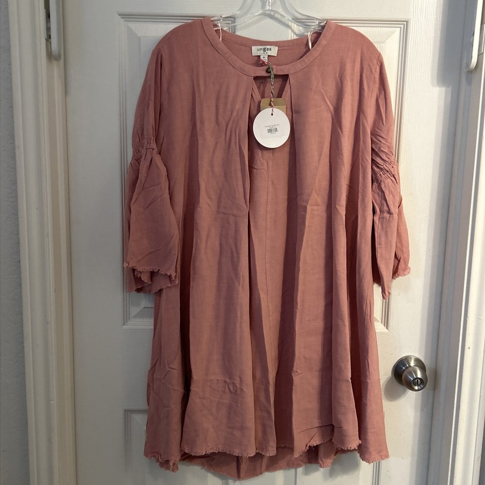 NWT! Umgee Pink Linen‎ Babydoll Dress with Raw Hem 3/4 Sleeves M